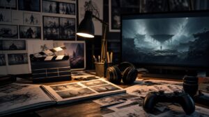 A cinematic game director desk with blank storyboards, a film clapper, headphones, controller, camera lens, and moody sci-fi concept art.