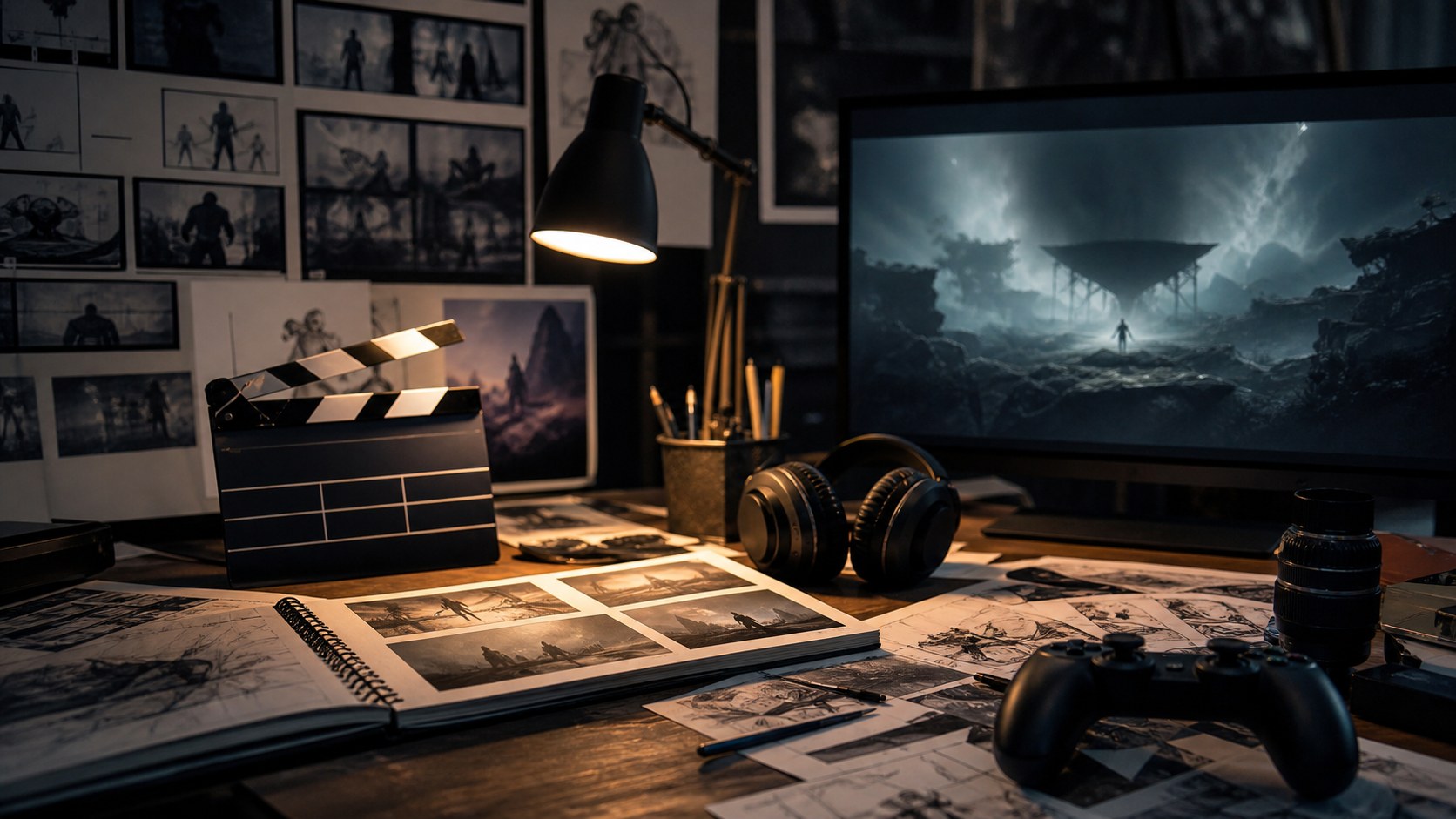 A cinematic game director desk with blank storyboards, a film clapper, headphones, controller, camera lens, and moody sci-fi concept art.