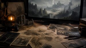 A dark fantasy game design desk with hand-drawn maps, miniature ruins, controller, warm lamp, and a mysterious open-world fantasy scene on a monitor.