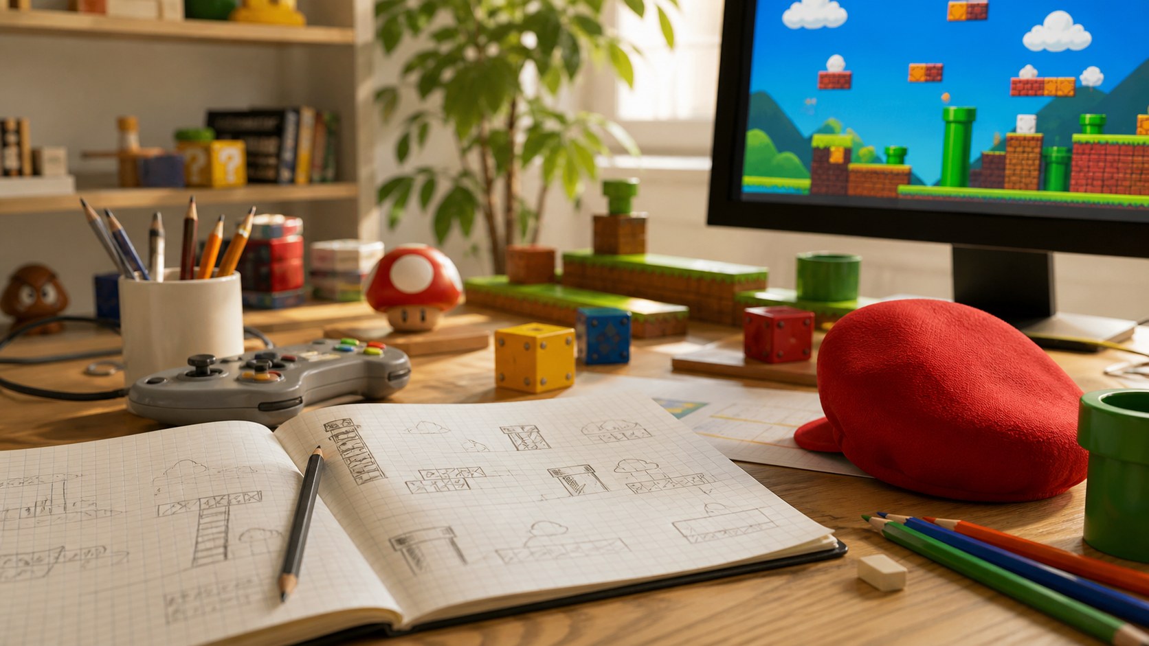 A bright game design desk with graph paper level sketches, colorful platform blocks, pencils, controller, red cap-like shape, and cheerful abstract platformer scene.