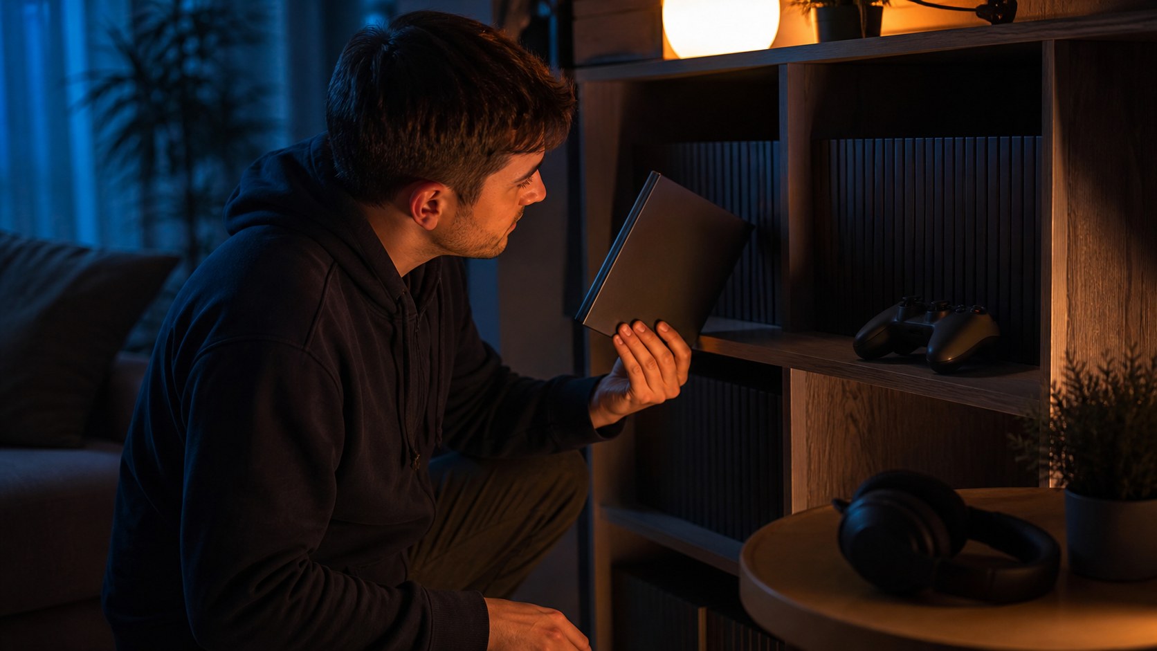 Player discovering an unmarked game case on a cozy media shelf at night.