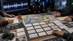 A game production table with blank storyboards, abstract map shapes, motion-capture markers, and development tools.