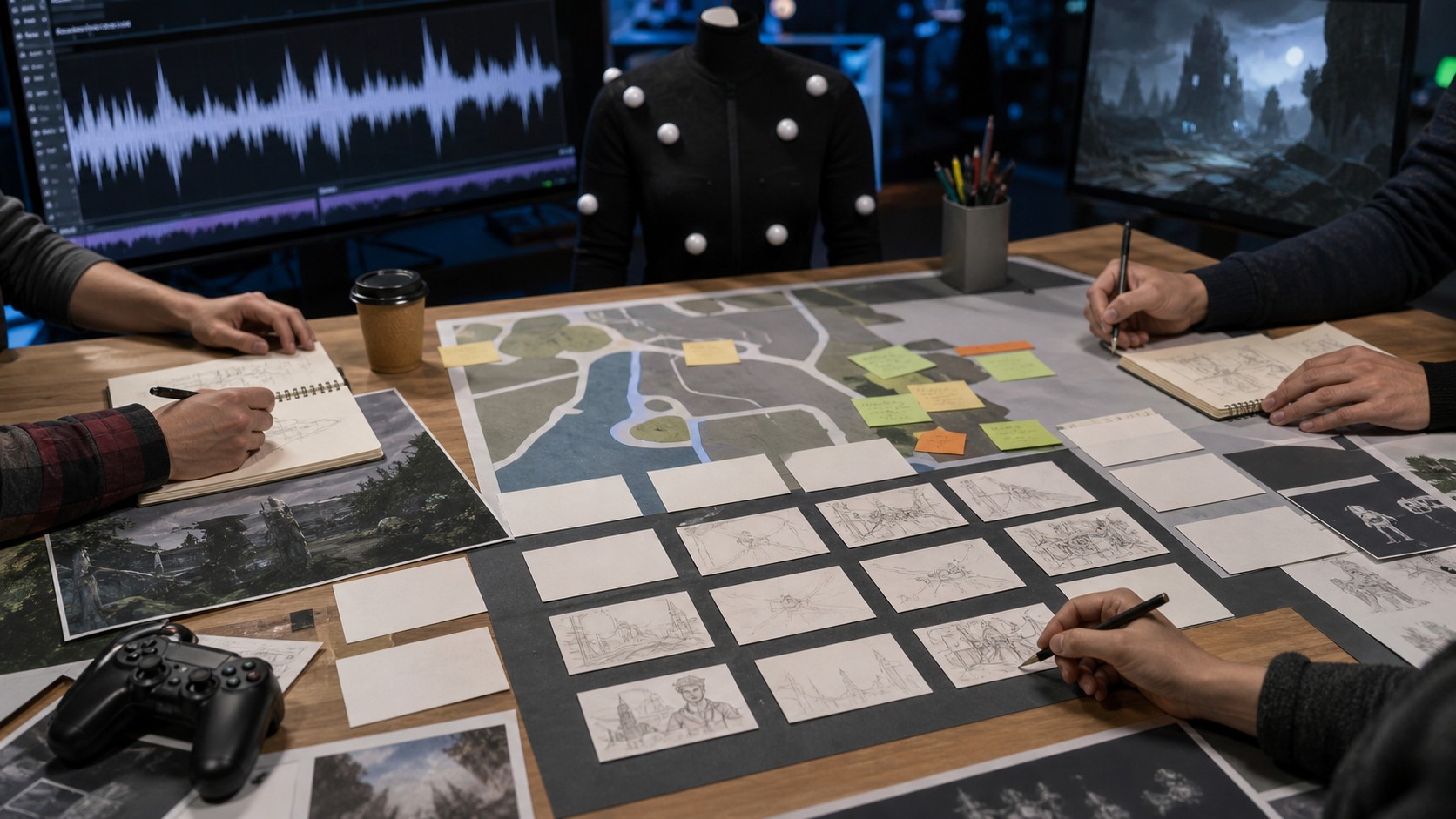 A game production table with blank storyboards, abstract map shapes, motion-capture markers, and development tools.
