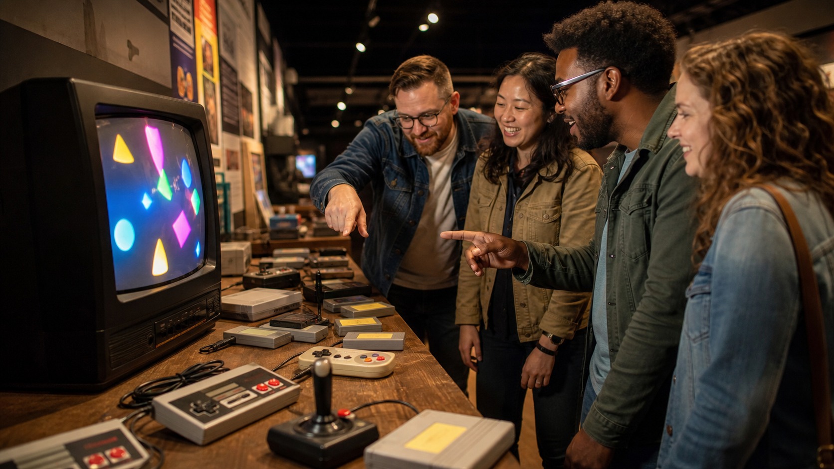 Friends viewing a retro gaming history exhibit with classic controllers and a CRT display