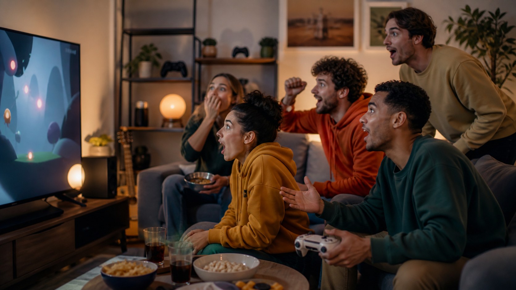 Friends reacting excitedly while playing an indie game together in a warm living room.