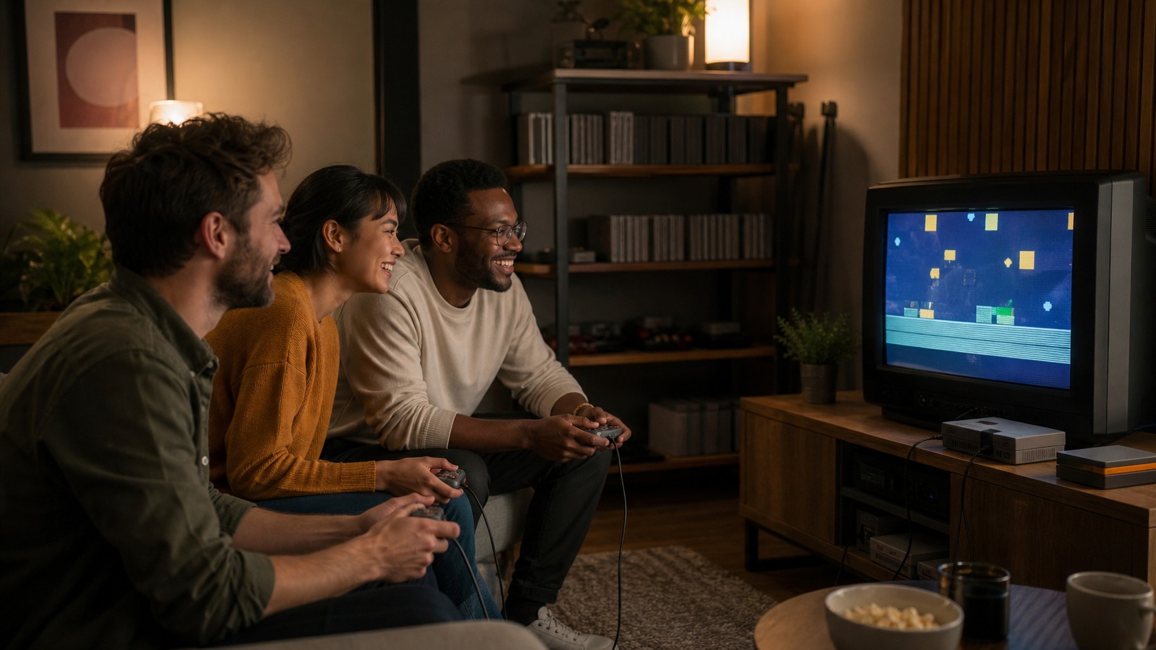 Friends playing retro games on unbranded classic hardware in a modern living room