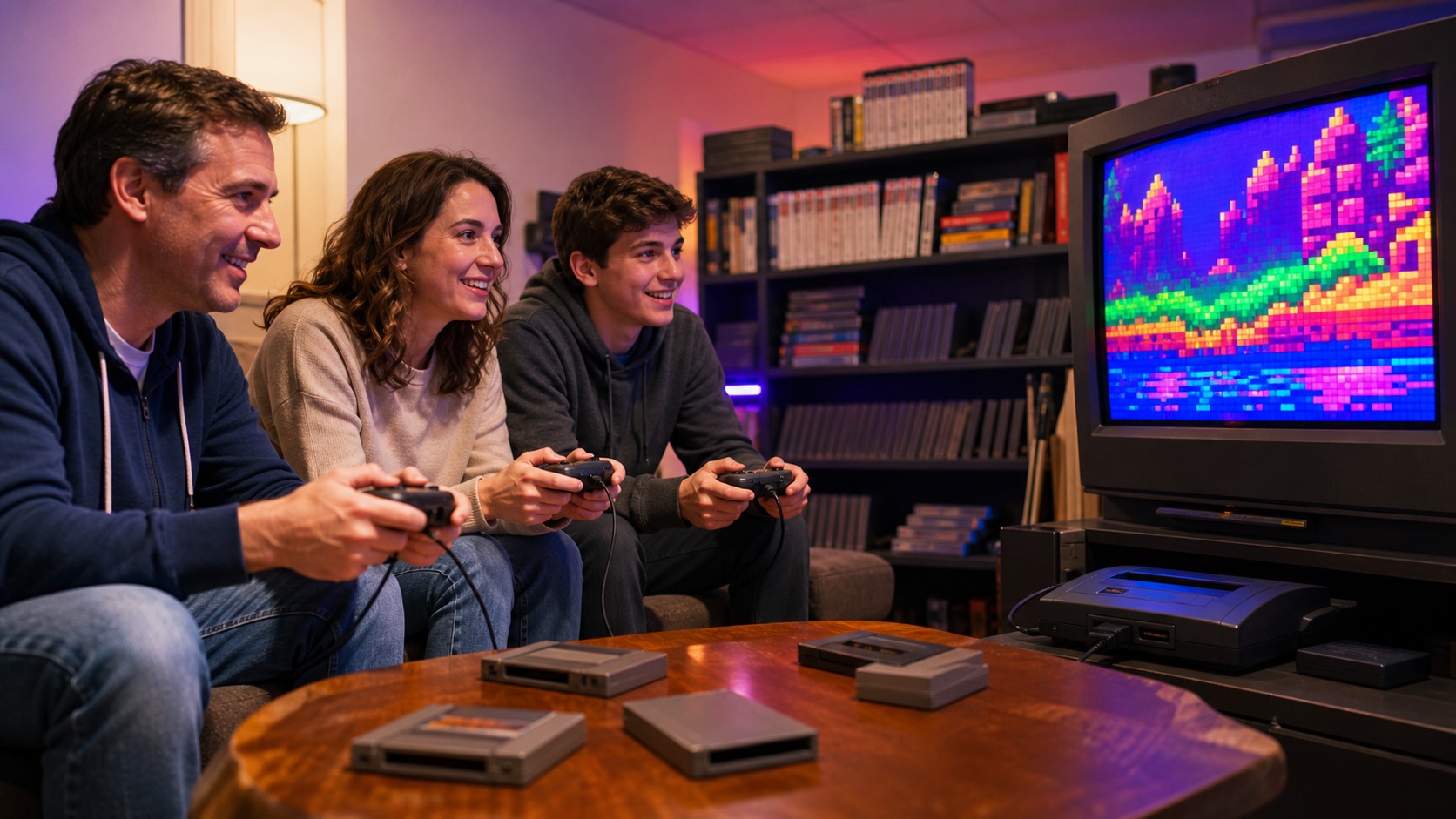 Family playing unbranded 16-bit style games on a CRT television with blank cartridges
