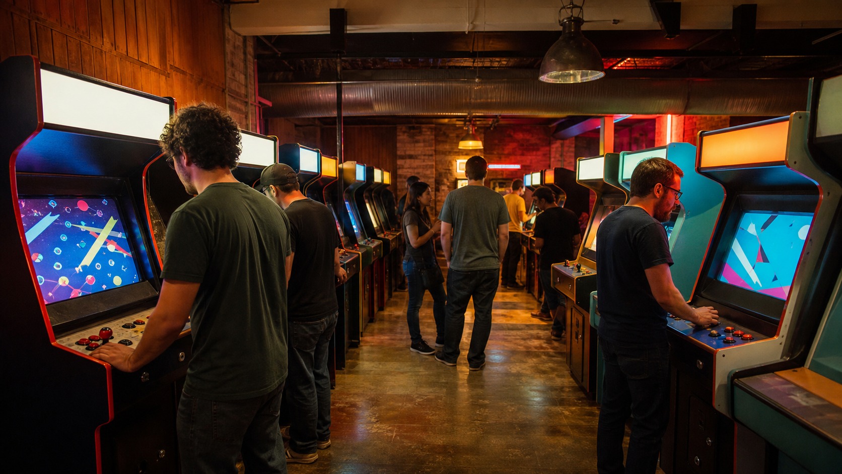 Players enjoying unbranded classic arcade cabinets in a warmly lit retro arcade