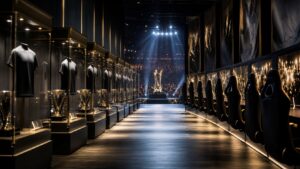 A dramatic esports hall of fame corridor with blank jerseys, trophy silhouettes, player chairs, and arena lights.