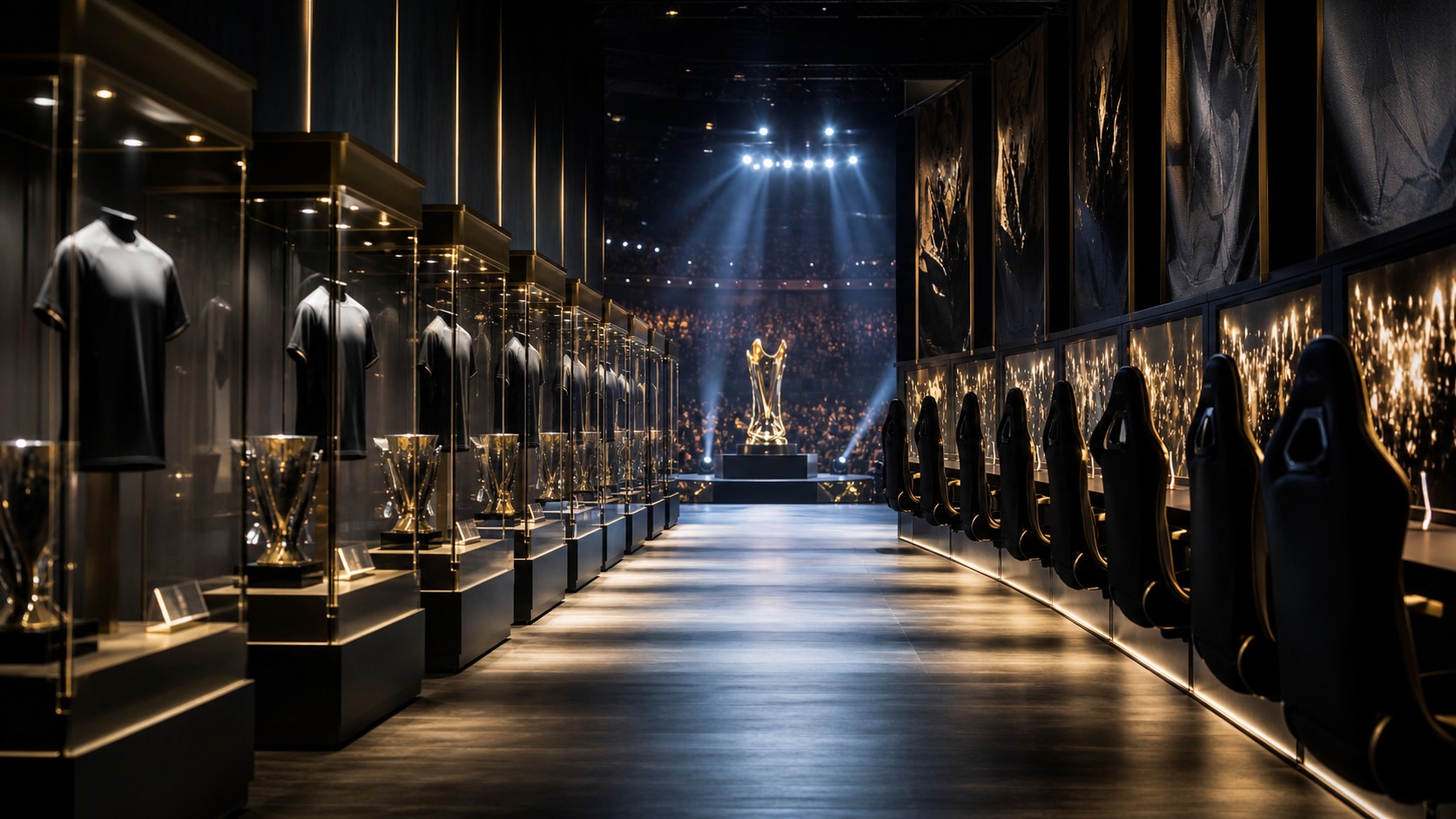 A dramatic esports hall of fame corridor with blank jerseys, trophy silhouettes, player chairs, and arena lights.
