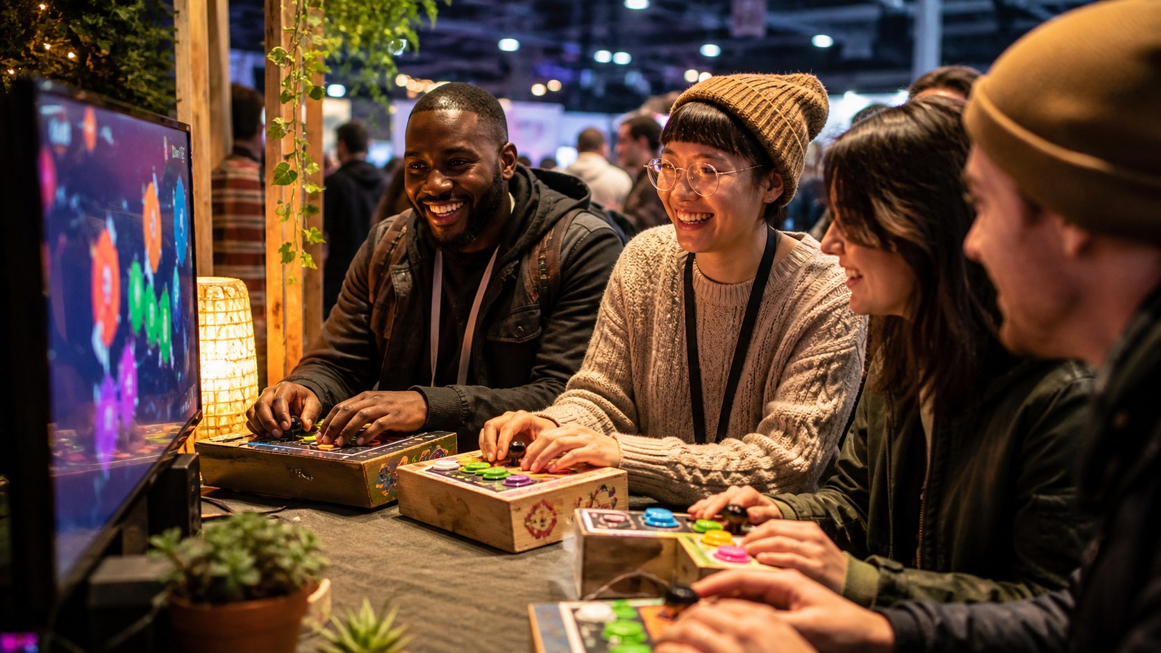 Players gathered around handmade controllers at an indie game showcase booth.