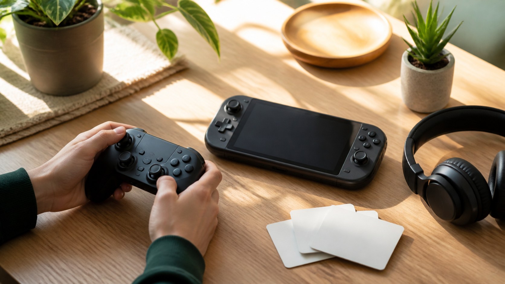 Unbranded handheld gaming device and controller on a sunlit table with headphones.