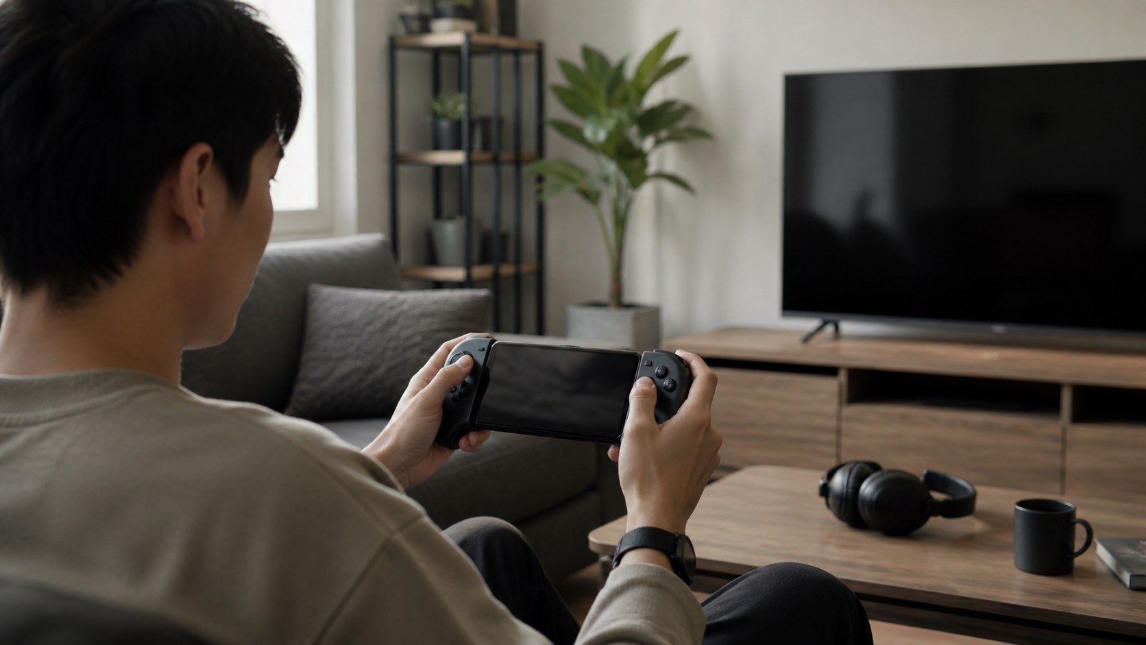 Player using an unbranded smartphone controller grip in a modern living room.