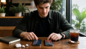 Mobile gamer choosing between two unbranded smartphones at a coffee shop table.