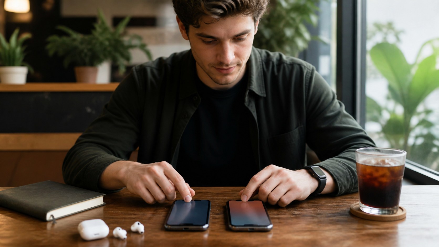 Mobile gamer choosing between two unbranded smartphones at a coffee shop table.