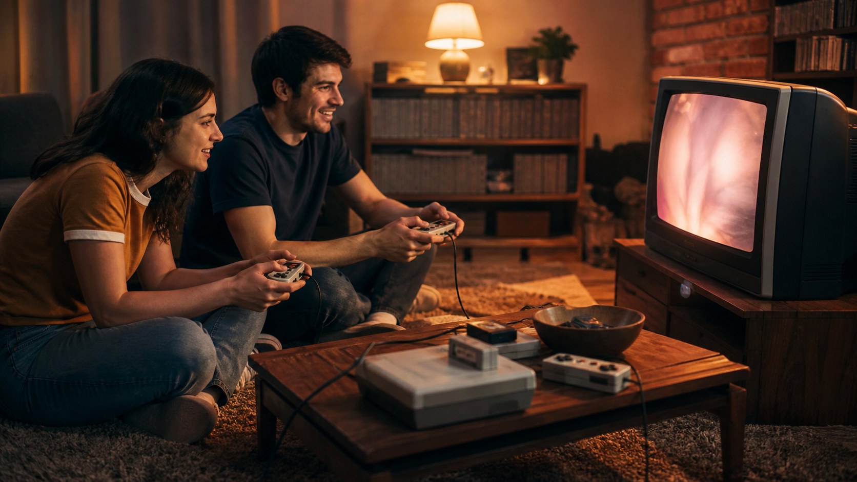 Two players using unbranded retro controllers in a warm room with an old television.