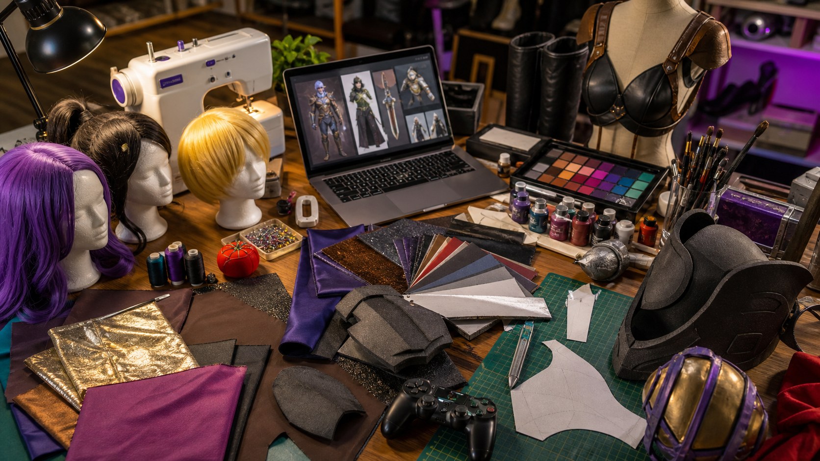 A colorful cosplay planning table with fabric swatches, foam armor, wigs, props, makeup palettes, and a controller.