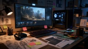 A polished PC game modding workspace with sketches, controllers, tools, and a generic fantasy game scene on a monitor.