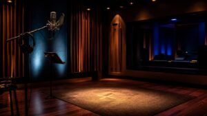 A dramatic empty voice performance studio with microphone, headphones, performance mark, and cinematic lighting.
