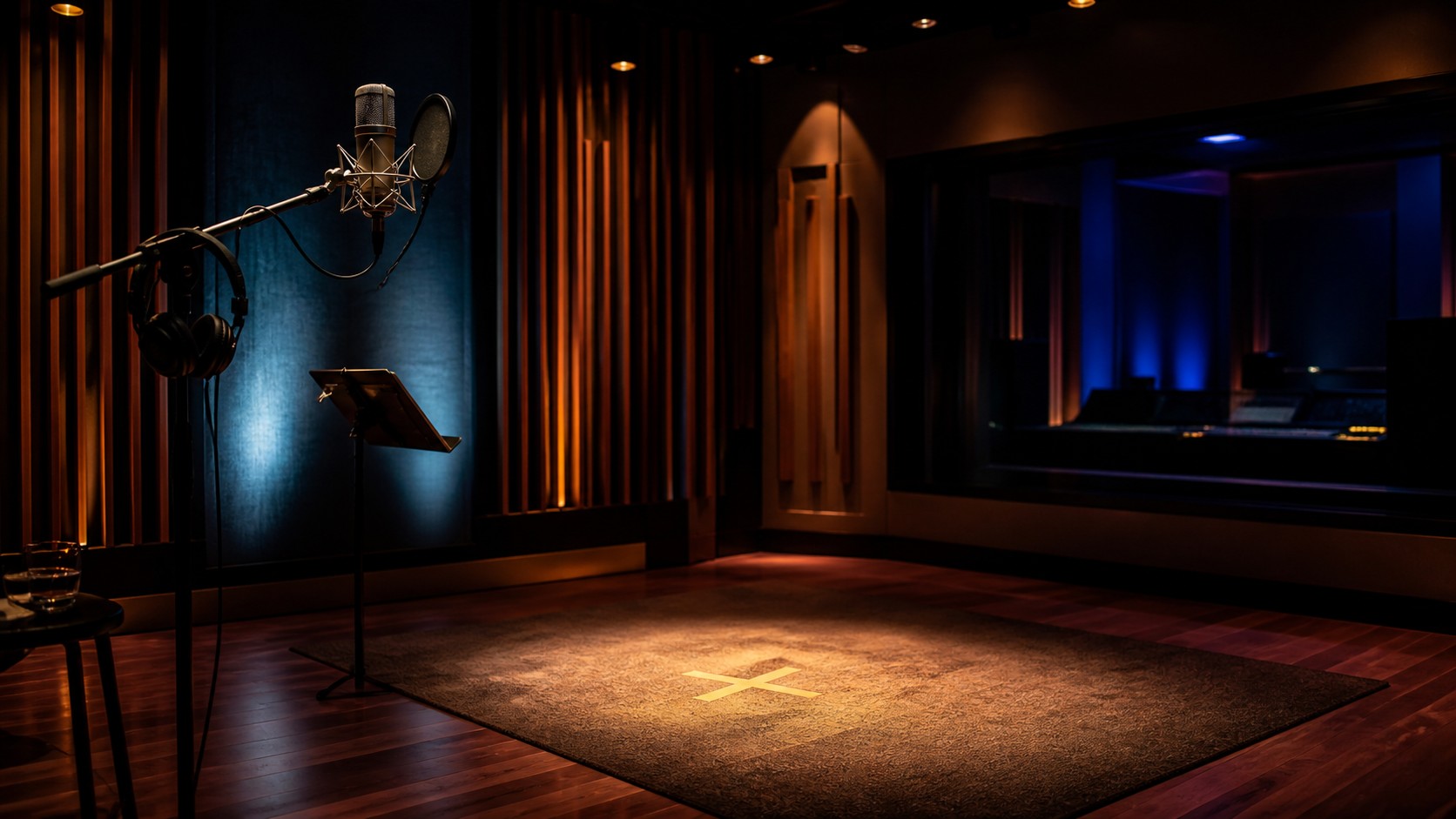 A dramatic empty voice performance studio with microphone, headphones, performance mark, and cinematic lighting.