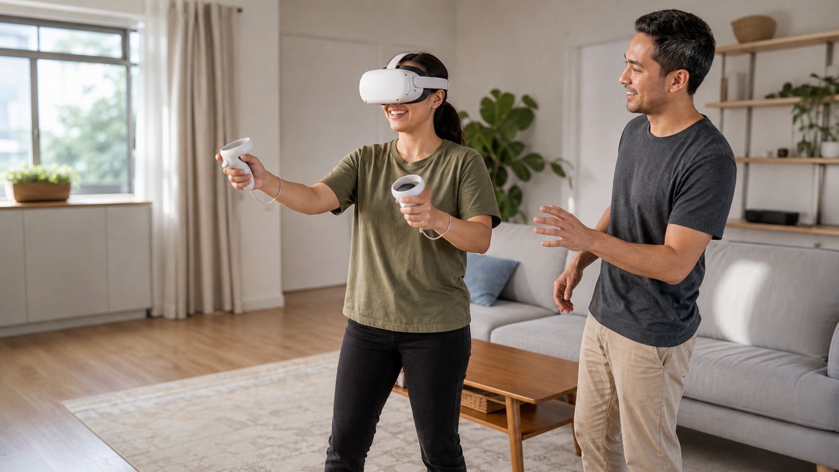 Beginner trying an unbranded VR headset with a friend guiding them in a clear living room play space
