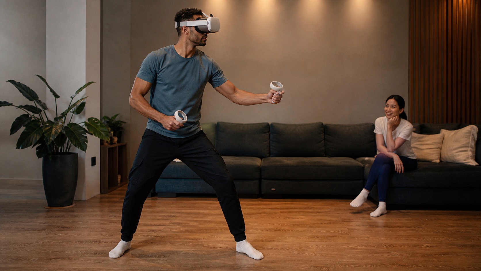 Player wearing an unbranded VR headset and motion controllers in a clear modern living room play space