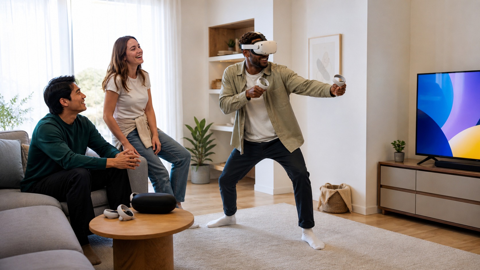 Friends taking turns with an unbranded VR headset and controllers in a bright living room