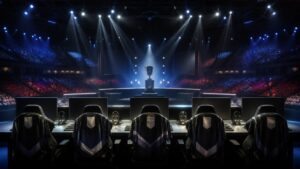 A dramatic esports arena stage with five empty player stations, blank jerseys, lights, crowd seating, and a trophy silhouette.