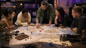 Group studying a large blank fantasy-style map with generic gaming props and unbranded controllers