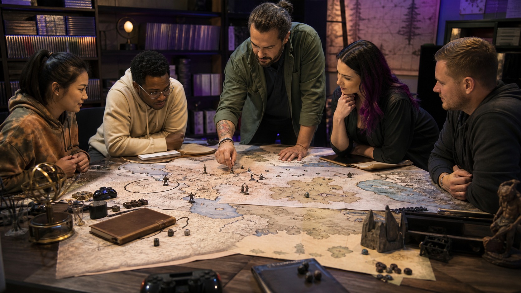 Group studying a large blank fantasy-style map with generic gaming props and unbranded controllers