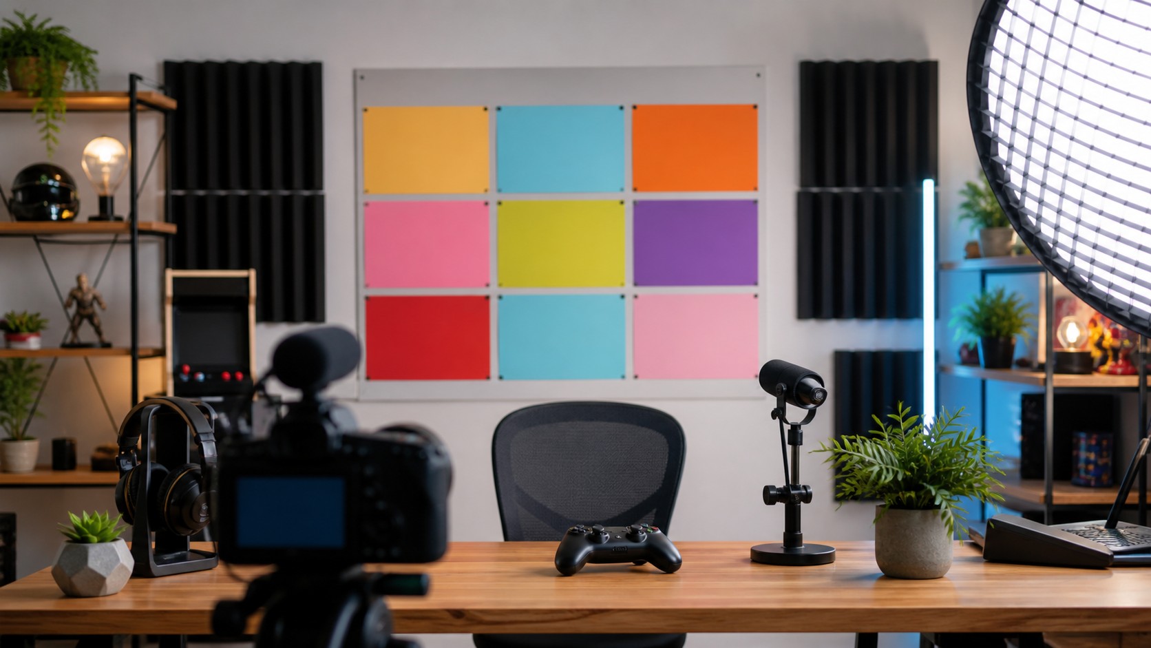 A bright gaming creator studio with camera, microphone, controller, and a blank colorful thumbnail planning board.
