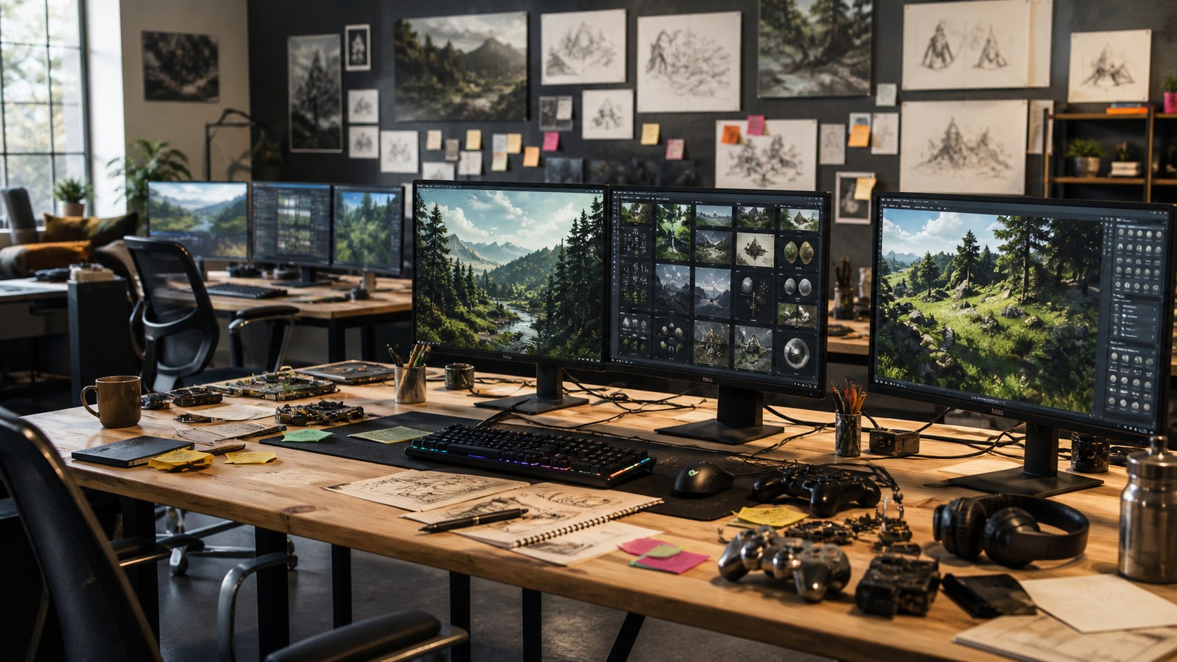 A collaborative game modding studio workspace with multiple monitors, sketches, controllers, and shared creative tools.