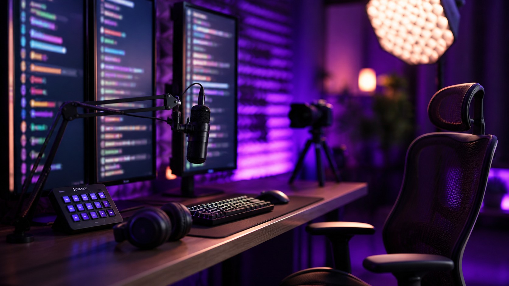 A purple-lit livestream command center with vertical monitors, microphone, headphones, and an empty broadcast chair.