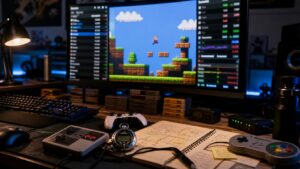 A speedrunning desk with controllers, a stopwatch, route notes, retro cartridges, and a blurred timer beside a generic platform game.