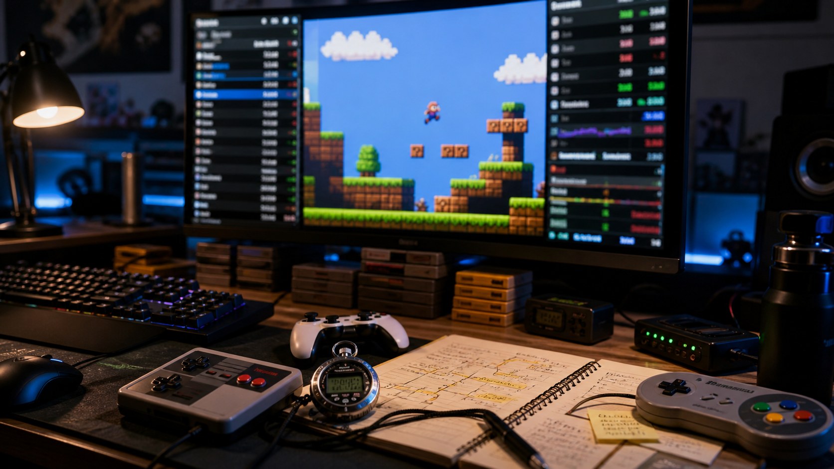 A speedrunning desk with controllers, a stopwatch, route notes, retro cartridges, and a blurred timer beside a generic platform game.
