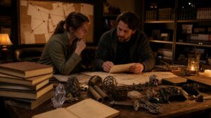 Two people studying blank maps, books, artifacts, and unbranded controllers in a warm lore research room