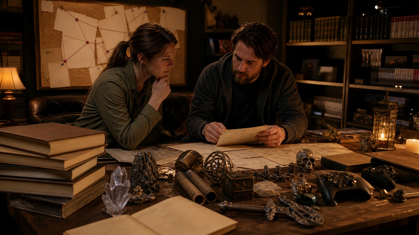 Two people studying blank maps, books, artifacts, and unbranded controllers in a warm lore research room