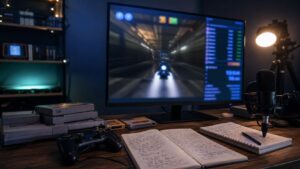 A late-night speedrunning setup with retro console, controller, microphone, route notebooks, and a blurred timer beside a generic racing game.