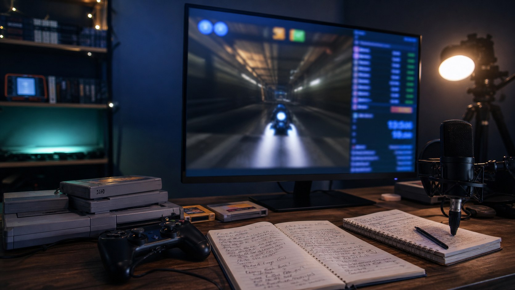 A late-night speedrunning setup with retro console, controller, microphone, route notebooks, and a blurred timer beside a generic racing game.