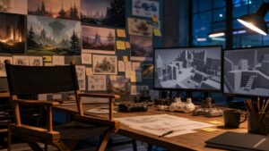 A creative director studio office with an empty director chair, abstract concept art, controllers, and greybox level screens.