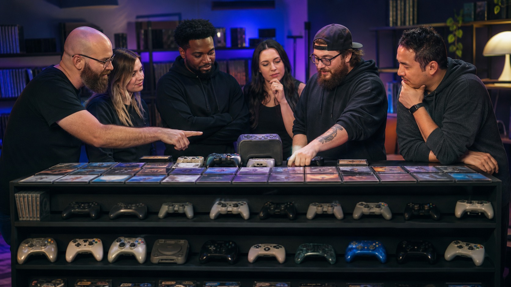 Gamers discussing unbranded game cases and controllers from different eras on a display table