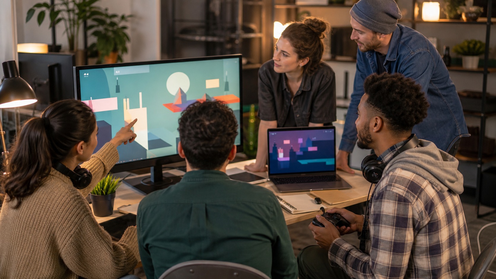 Small indie game studio team reviewing an abstract prototype on unbranded monitors