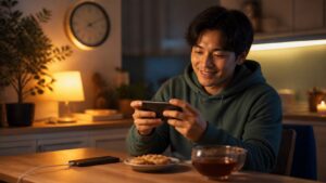Relaxed mobile player enjoying a quick game at a warm evening kitchen table.