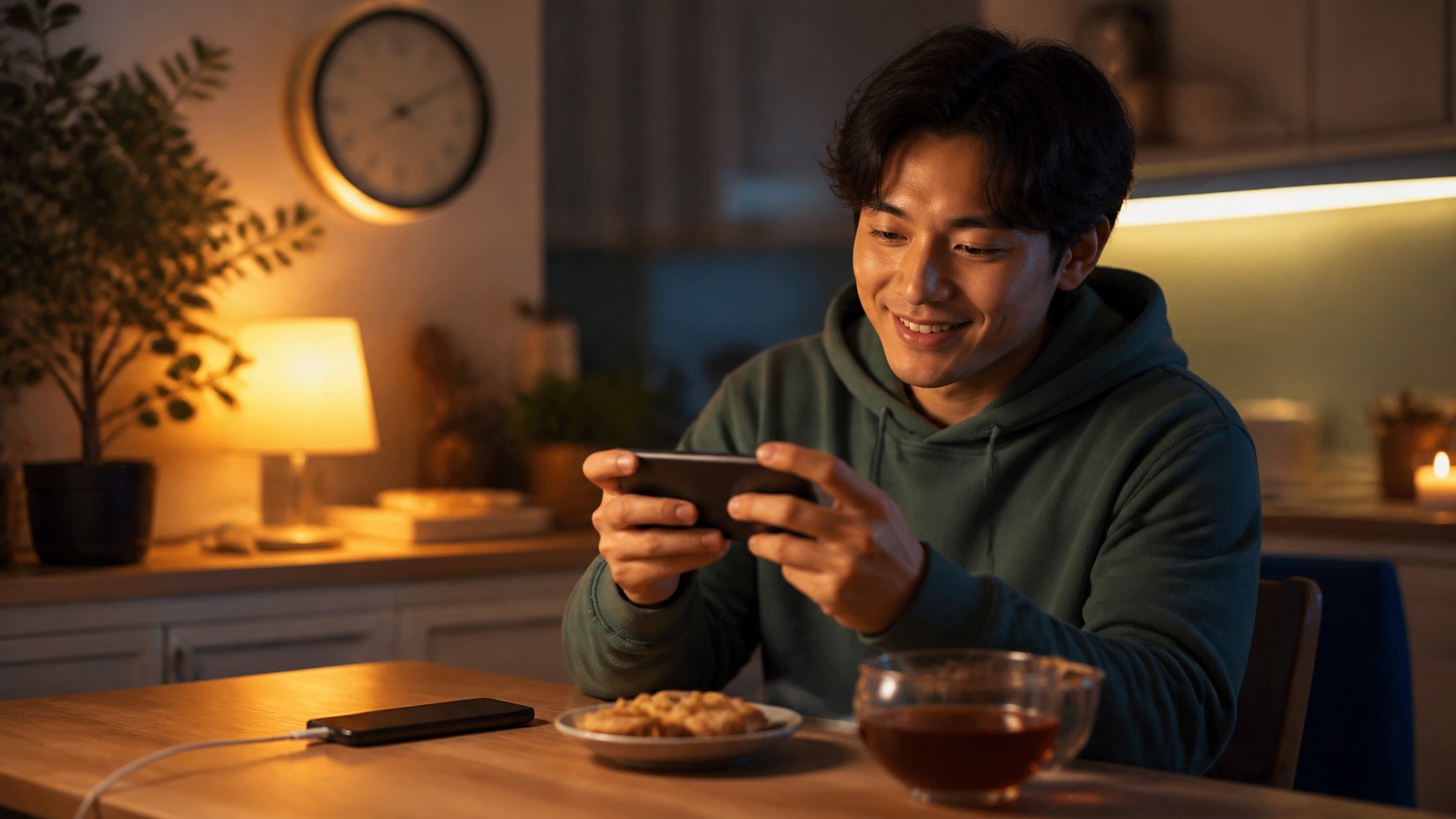 Relaxed mobile player enjoying a quick game at a warm evening kitchen table.