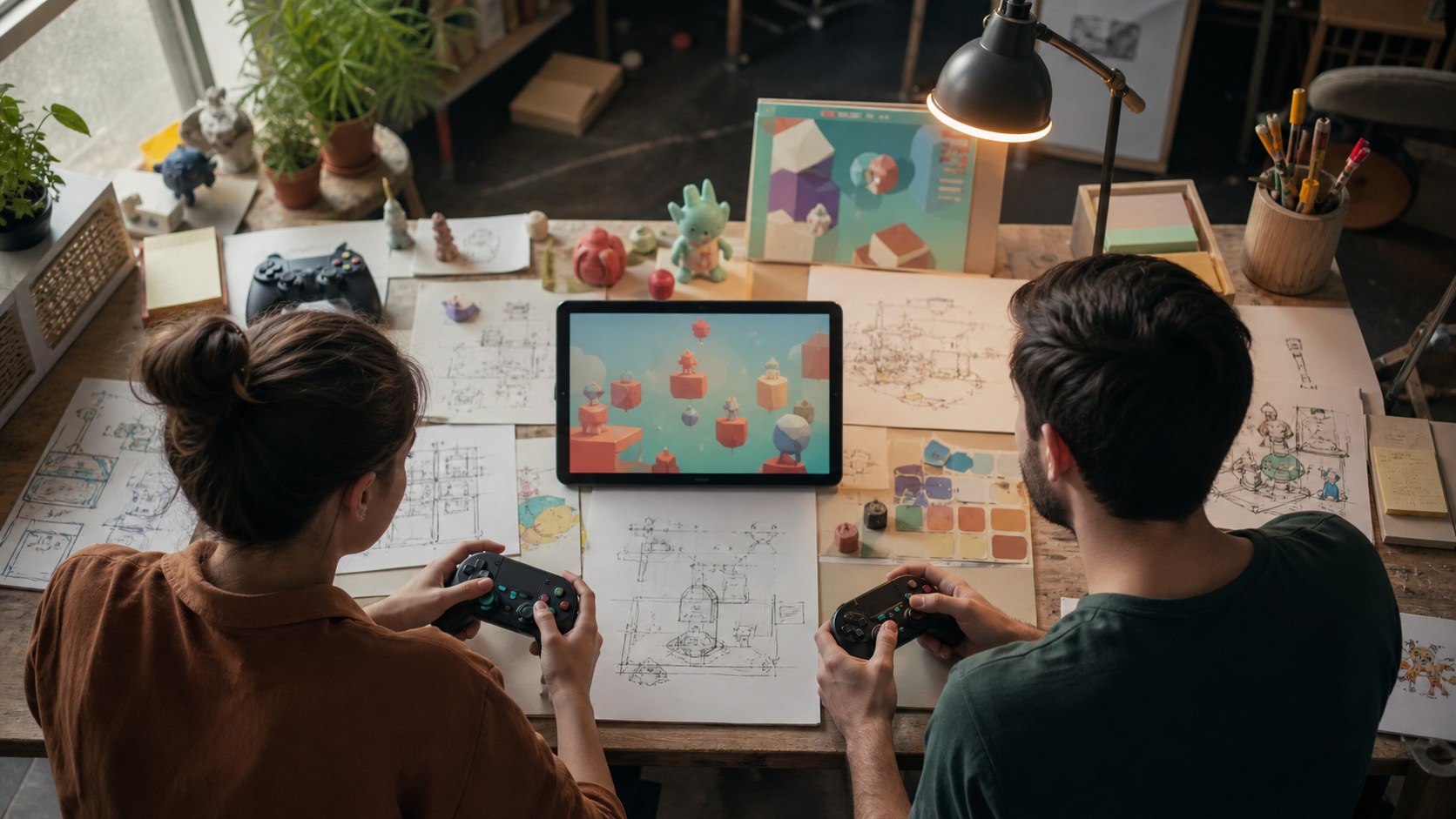 Indie developers playtesting a whimsical prototype at a table filled with sketches and handmade props.