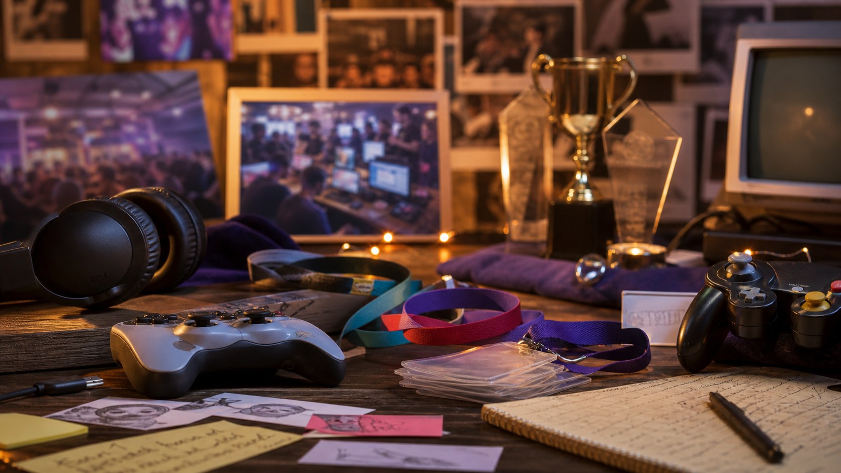 A warm gaming community archive table with controllers, blank event badges, trophies, headset, and blurred LAN-party photos.