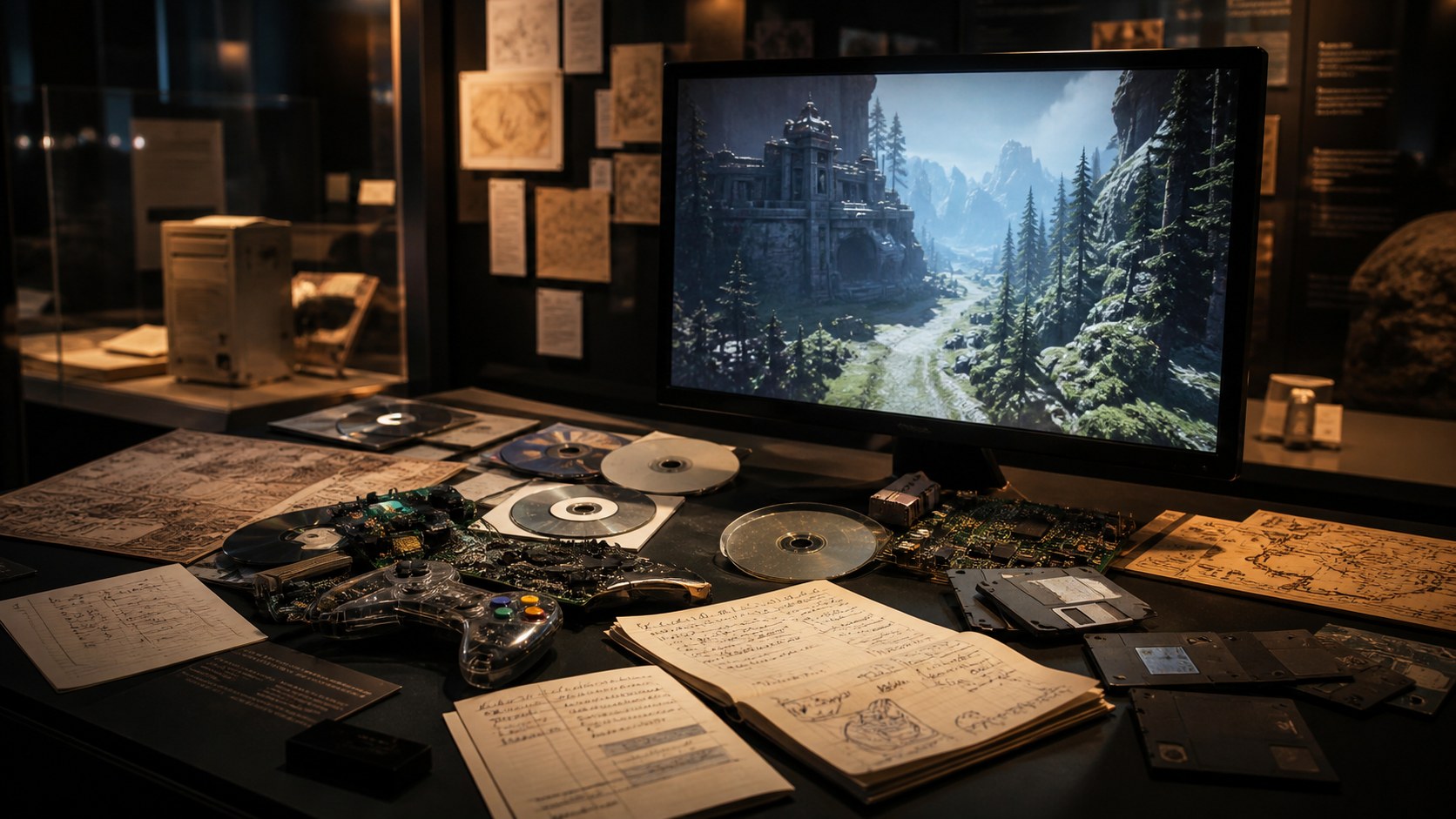 A museum-style tabletop of anonymous game modding artifacts, discs, circuit boards, notes, and a generic game landscape on a monitor.