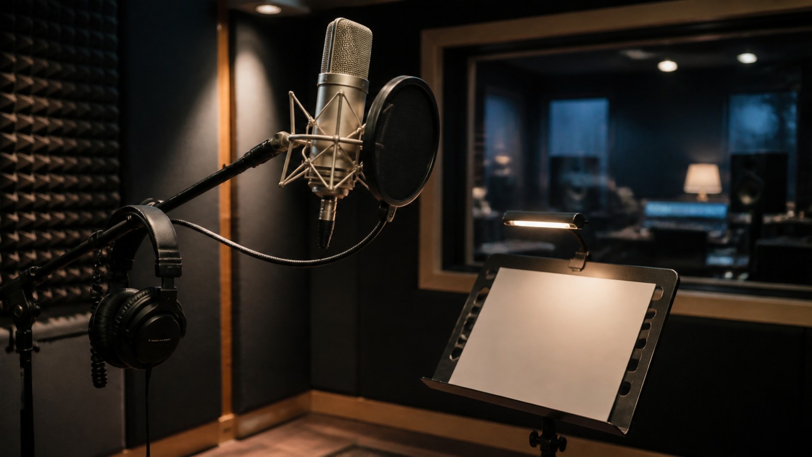 A professional voice recording booth with a microphone, headphones, blank script pages, and soft studio lighting.
