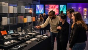 Visitors viewing unbranded gaming hardware and blank cases in a polished museum-style display