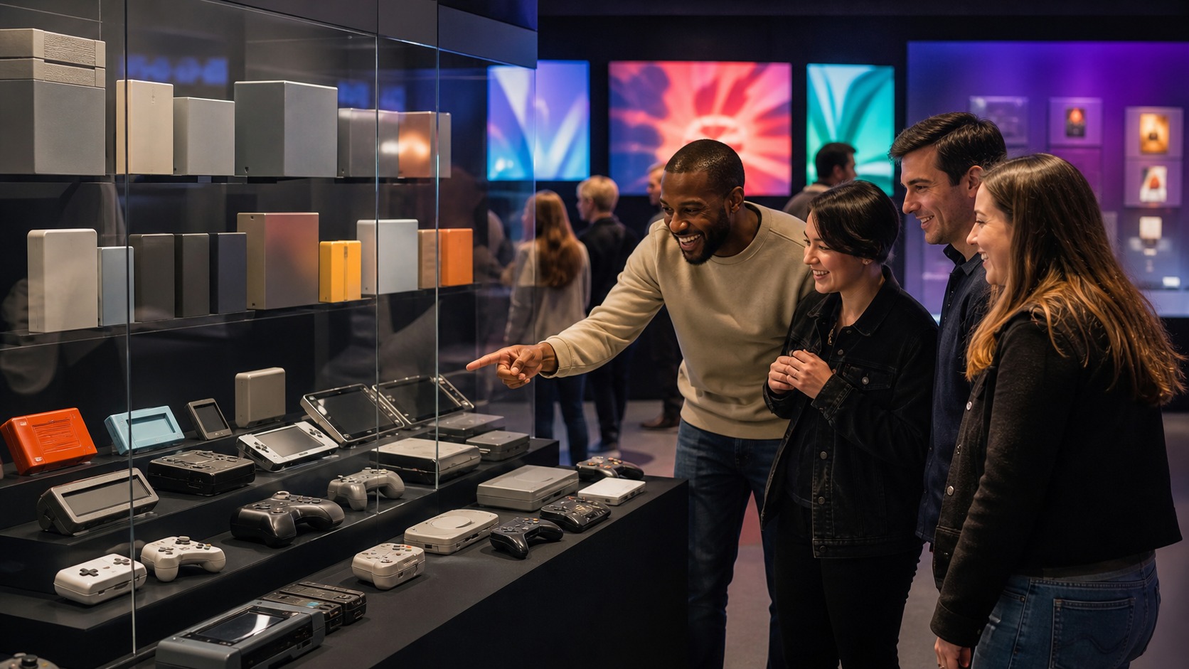 Visitors viewing unbranded gaming hardware and blank cases in a polished museum-style display
